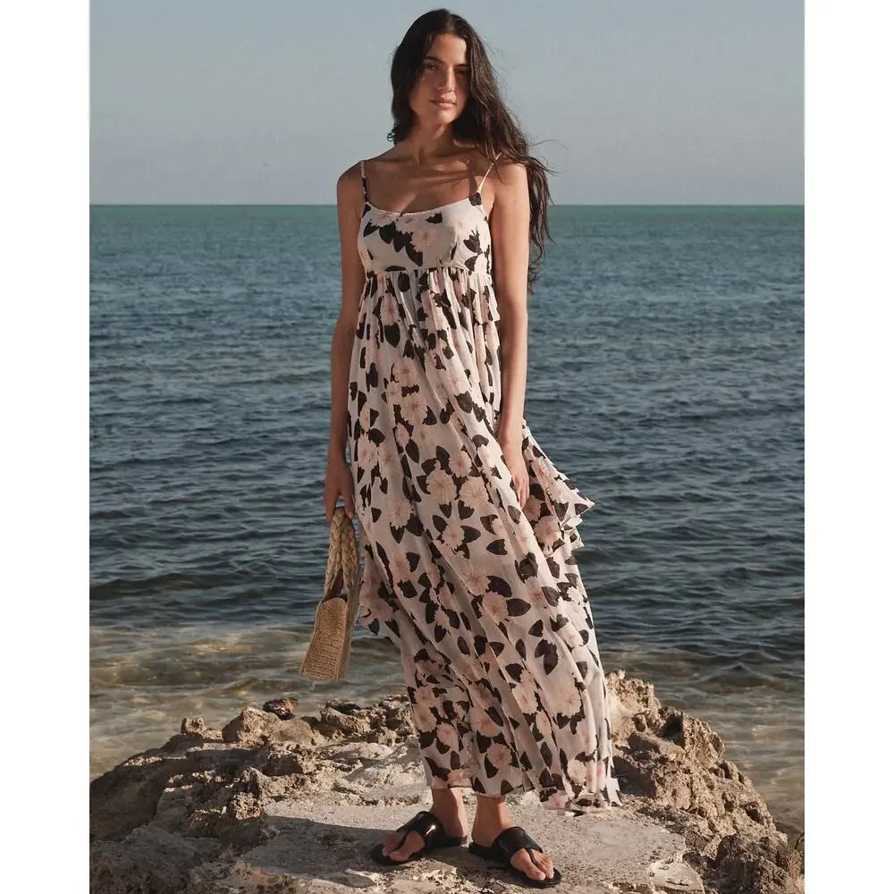 J.Crew Ruffle Maxi Dress Peony Print Oyster Grey Pink Size Small NWT